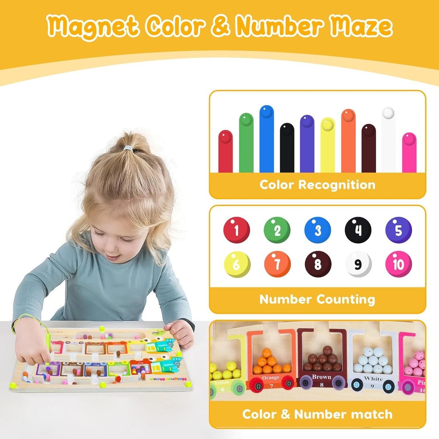 Magnetic Montessori Color & Number Maze Board – Wooden Puzzle Game for Kids | Fine Motor Skills, Counting & Travel Toy