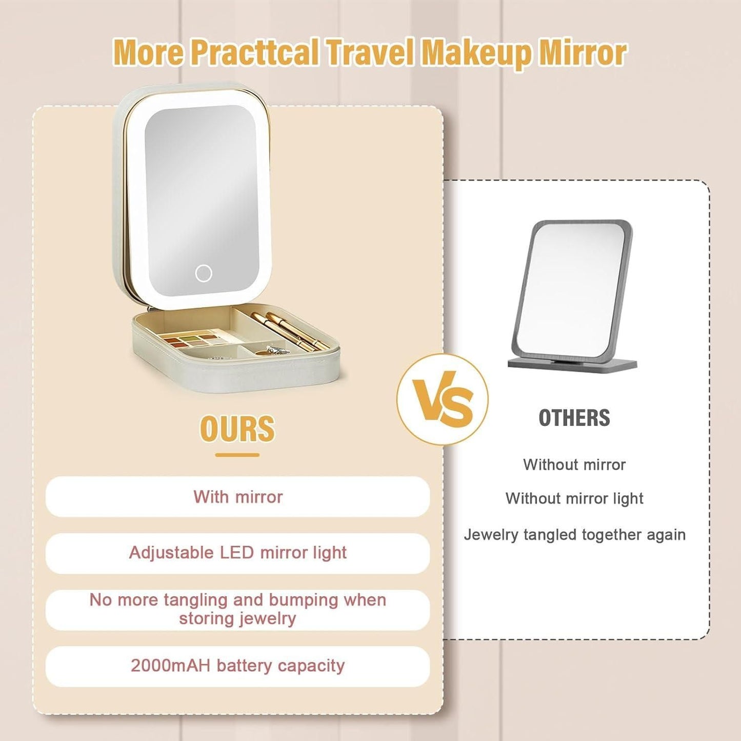 White Jewellery Box with LED Mirror | Portable Travel Case